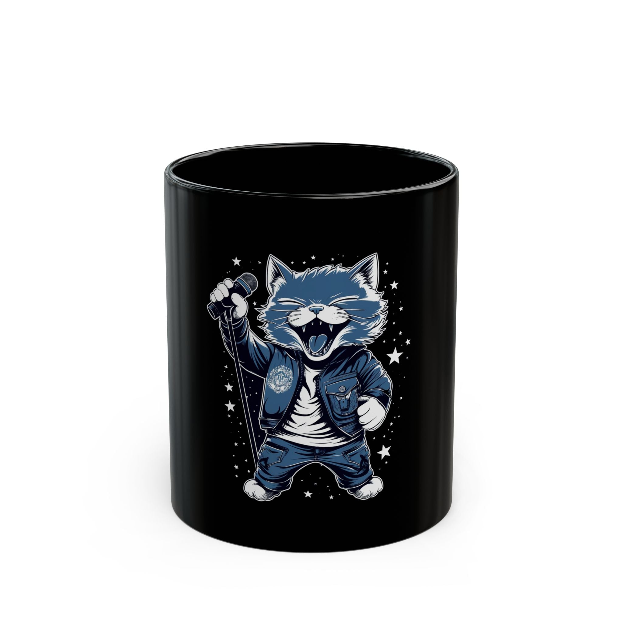 Rockin' Kitty Belting It Out Microphone Mug - Cat & Music Lover Gift, Coffee Cup, Black Ceramic Tea Drinkware, Funny Animal Kitten Musician